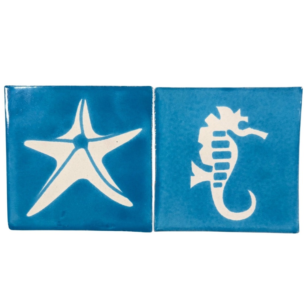 Mexican Talavera Tiles Blue Seahorse Starfish Coastal Decor Crafts Set of 2